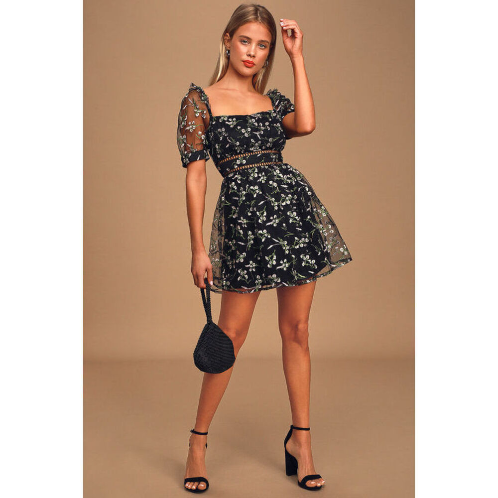 Lulus Radiant Love Black Floral Embroidered Short Sleeve Skater Dress - Size S